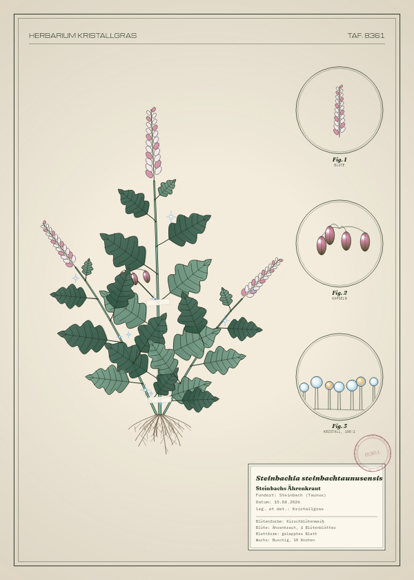 Botanische Tafel: Steinbachia steinbachtaunusensis, eine erfundene Pflanze aus Steinbach (Taunus), gezeichnet wie in einem alten Pflanzenatlas