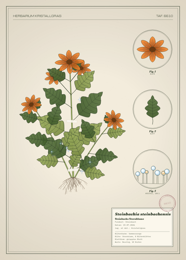 Botanische Tafel: Steinbachia steinbachensis, eine erfundene Pflanze aus Steinbach, gezeichnet wie in einem alten Pflanzenatlas