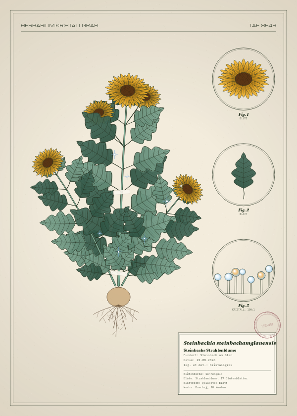 Botanische Tafel: Steinbachia steinbachamglanensis, eine erfundene Pflanze aus Steinbach am Glan, gezeichnet wie in einem alten Pflanzenatlas