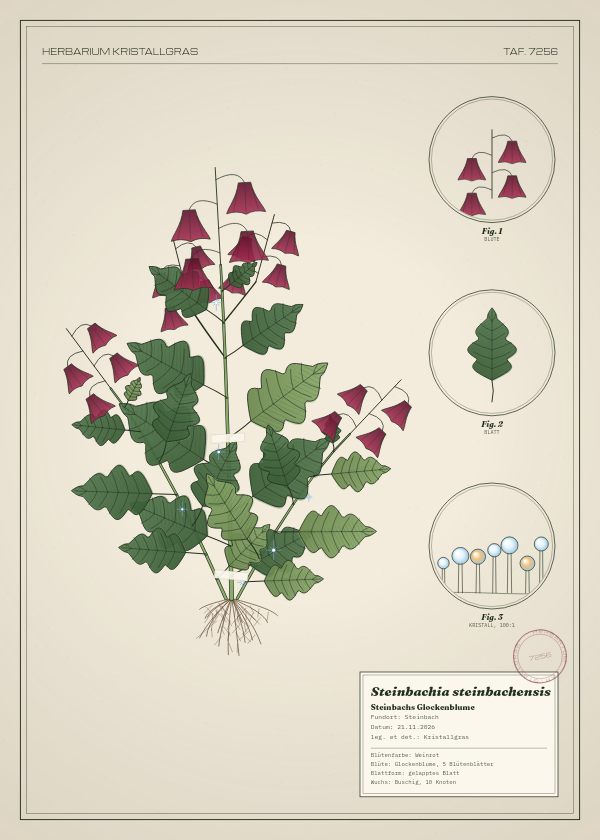 Botanische Tafel: Steinbachia steinbachensis, eine erfundene Pflanze aus Steinbach, gezeichnet wie in einem alten Pflanzenatlas