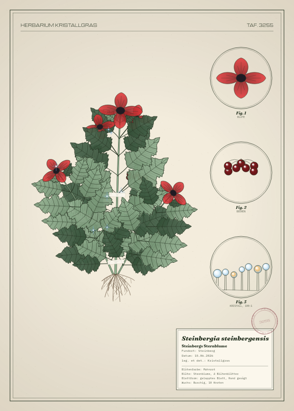 Botanische Tafel: Steinbergia steinbergensis, eine erfundene Pflanze aus Steinberg, gezeichnet wie in einem alten Pflanzenatlas