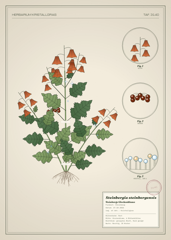 Botanische Tafel: Steinbergia steinbergensis, eine erfundene Pflanze aus Steinberg, gezeichnet wie in einem alten Pflanzenatlas