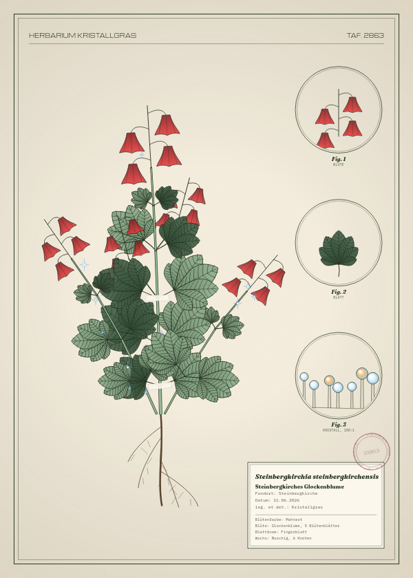 Botanische Tafel: Steinbergkirchia steinbergkirchensis, eine erfundene Pflanze aus Steinbergkirche, gezeichnet wie in einem alten Pflanzenatlas