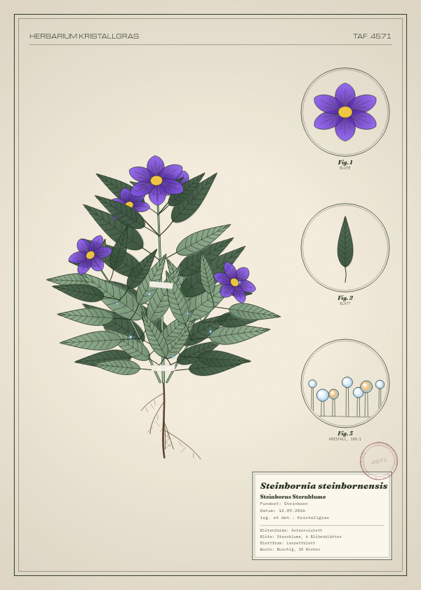 Botanische Tafel: Steinbornia steinbornensis, eine erfundene Pflanze aus Steinborn, gezeichnet wie in einem alten Pflanzenatlas