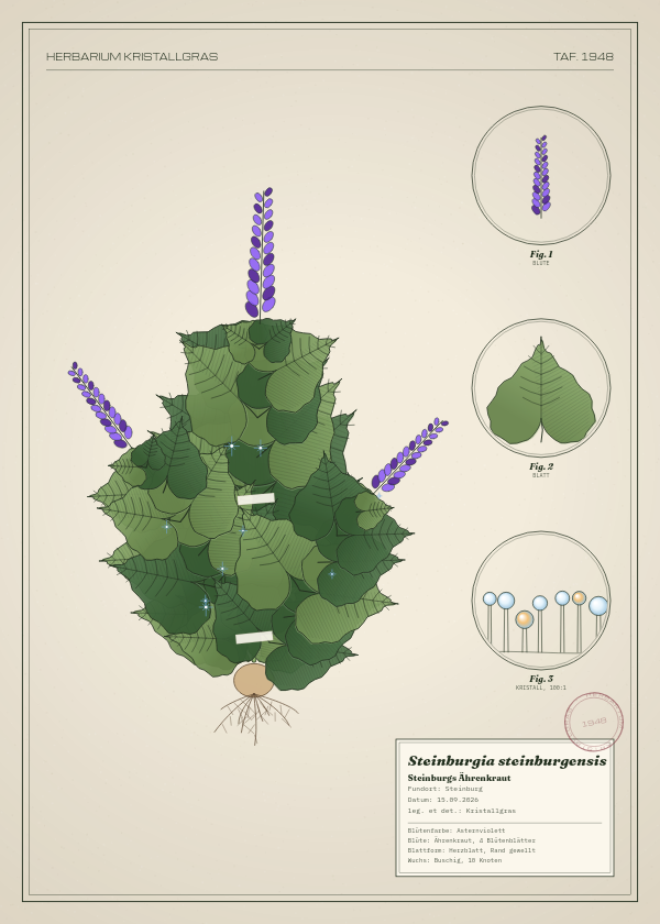 Botanische Tafel: Steinburgia steinburgensis, eine erfundene Pflanze aus Steinburg, gezeichnet wie in einem alten Pflanzenatlas