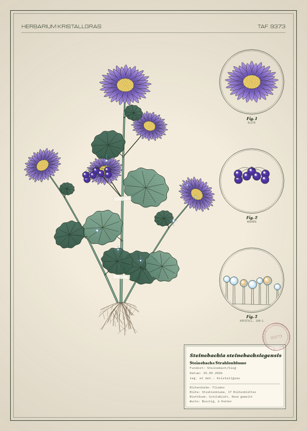Botanische Tafel: Steinebachia steinebachsiegensis, eine erfundene Pflanze aus Steinebach/Sieg, gezeichnet wie in einem alten Pflanzenatlas
