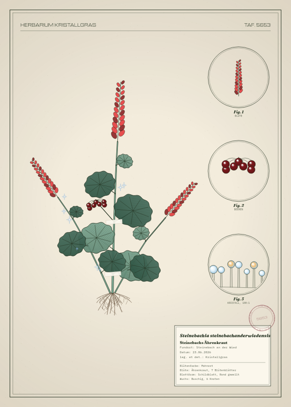 Botanische Tafel: Steinebachia steinebachanderwiedensis, eine erfundene Pflanze aus Steinebach an der Wied, gezeichnet wie in einem alten Pflanzenatlas