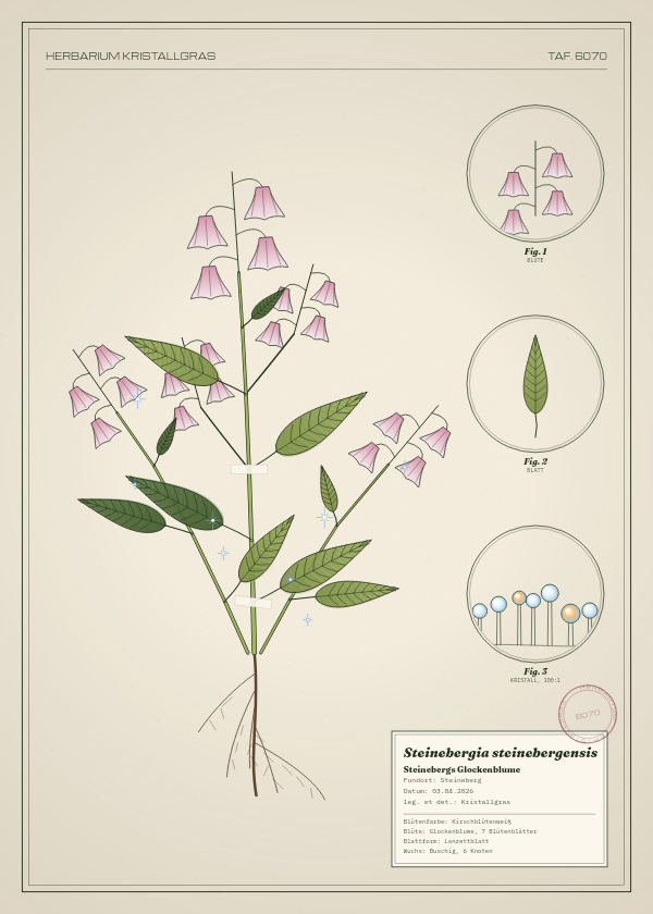 Botanische Tafel: Steinebergia steinebergensis, eine erfundene Pflanze aus Steineberg, gezeichnet wie in einem alten Pflanzenatlas