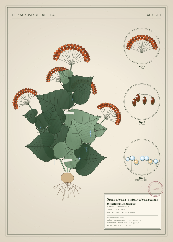 Botanische Tafel: Steinefrenzia steinefrenzensis, eine erfundene Pflanze aus Steinefrenz, gezeichnet wie in einem alten Pflanzenatlas