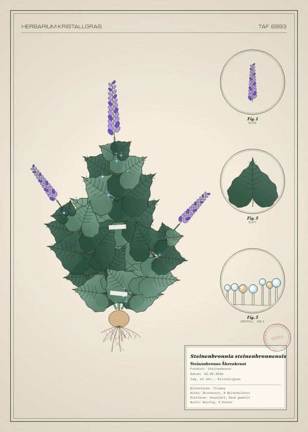 Botanische Tafel: Steinenbronnia steinenbronnensis, eine erfundene Pflanze aus Steinenbronn, gezeichnet wie in einem alten Pflanzenatlas