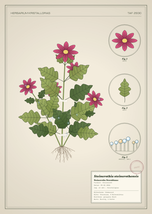 Botanische Tafel: Steinerothia steinerothensis, eine erfundene Pflanze aus Steineroth, gezeichnet wie in einem alten Pflanzenatlas
