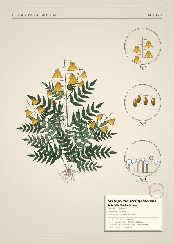 Botanische Tafel: Steinfeldia steinfeldensis, eine erfundene Pflanze aus Steinfeld, gezeichnet wie in einem alten Pflanzenatlas