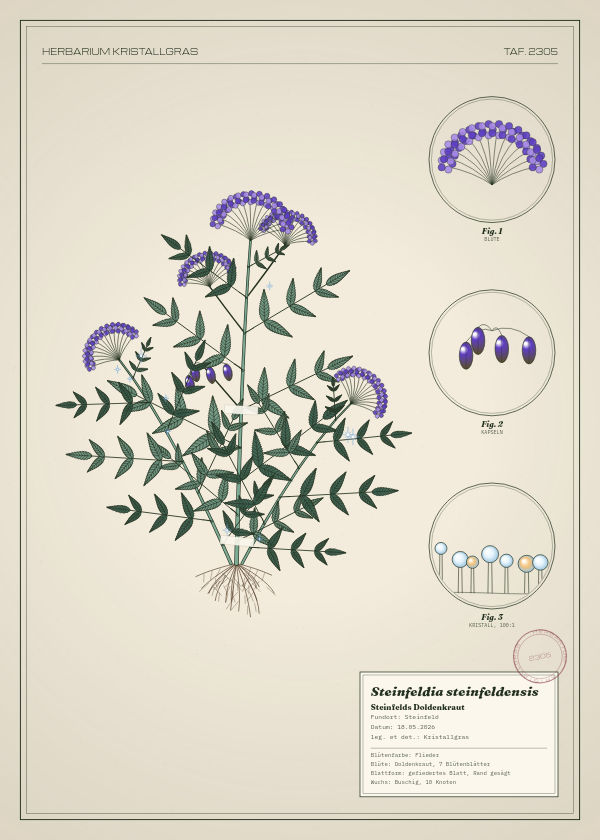 Botanische Tafel: Steinfeldia steinfeldensis, eine erfundene Pflanze aus Steinfeld, gezeichnet wie in einem alten Pflanzenatlas
