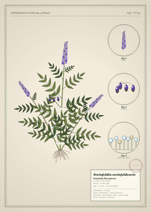 Botanische Tafel: Steinfeldia steinfeldensis, eine erfundene Pflanze aus Steinfeld, gezeichnet wie in einem alten Pflanzenatlas