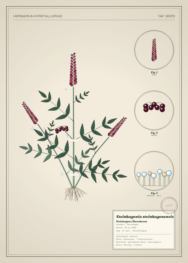 Botanische Tafel: Steinhagenia steinhagenensis, eine erfundene Pflanze aus Steinhagen, gezeichnet wie in einem alten Pflanzenatlas