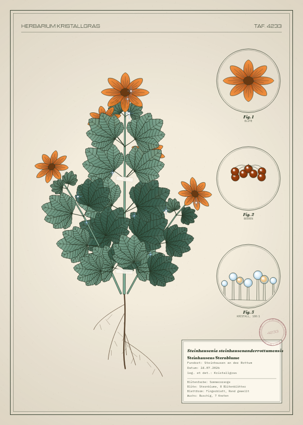 Botanische Tafel: Steinhausenia steinhausenanderrottumensis, eine erfundene Pflanze aus Steinhausen an der Rottum, gezeichnet wie in einem alten Pflanzenatlas