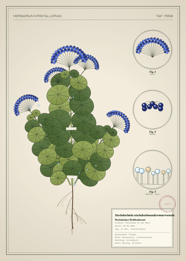 Botanische Tafel: Steinheimia steinheimandermurrensis, eine erfundene Pflanze aus Steinheim an der Murr, gezeichnet wie in einem alten Pflanzenatlas