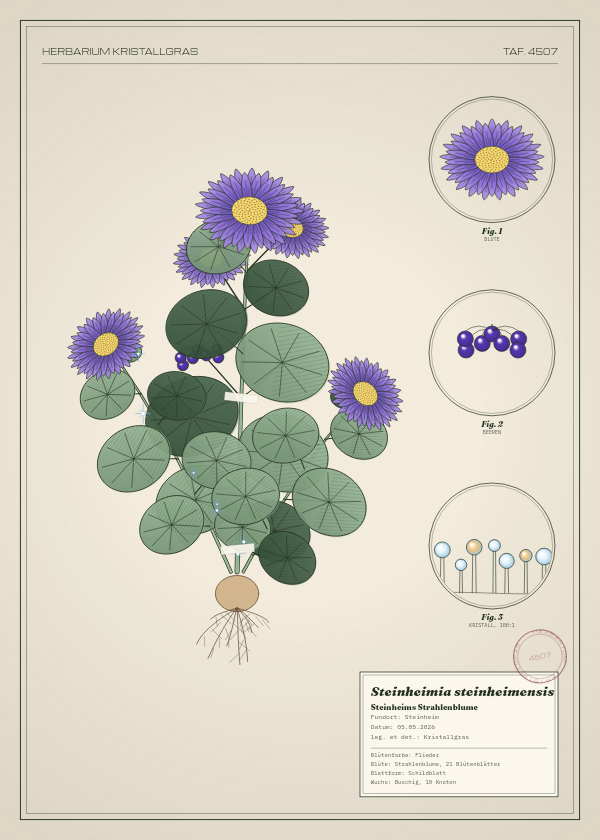 Botanische Tafel: Steinheimia steinheimensis, eine erfundene Pflanze aus Steinheim, gezeichnet wie in einem alten Pflanzenatlas
