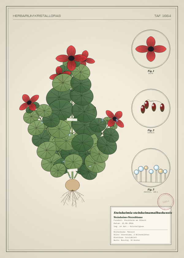 Botanische Tafel: Steinheimia steinheimamalbuchensis, eine erfundene Pflanze aus Steinheim am Albuch, gezeichnet wie in einem alten Pflanzenatlas