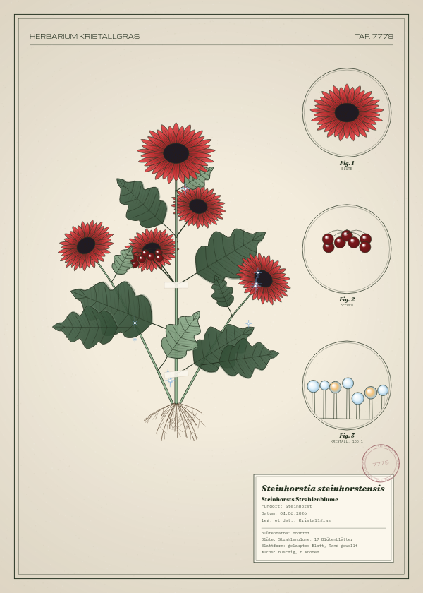 Botanische Tafel: Steinhorstia steinhorstensis, eine erfundene Pflanze aus Steinhorst, gezeichnet wie in einem alten Pflanzenatlas