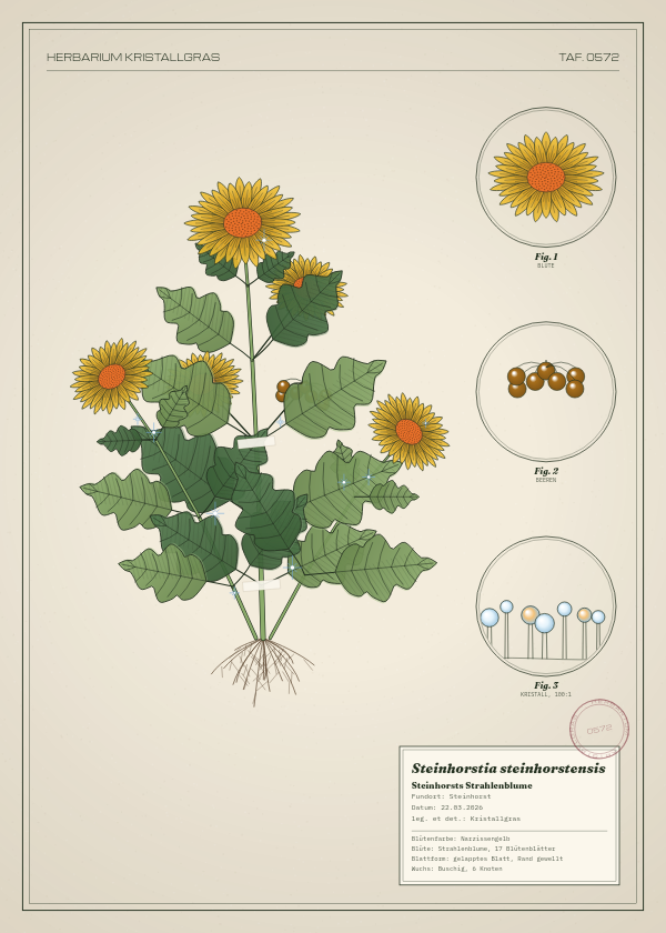 Botanische Tafel: Steinhorstia steinhorstensis, eine erfundene Pflanze aus Steinhorst, gezeichnet wie in einem alten Pflanzenatlas