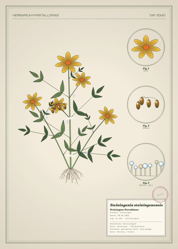 Botanische Tafel: Steiningenia steiningenensis, eine erfundene Pflanze aus Steiningen, gezeichnet wie in einem alten Pflanzenatlas