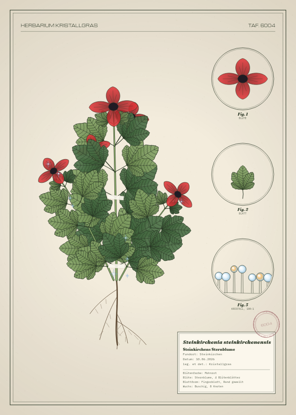 Botanische Tafel: Steinkirchenia steinkirchenensis, eine erfundene Pflanze aus Steinkirchen, gezeichnet wie in einem alten Pflanzenatlas