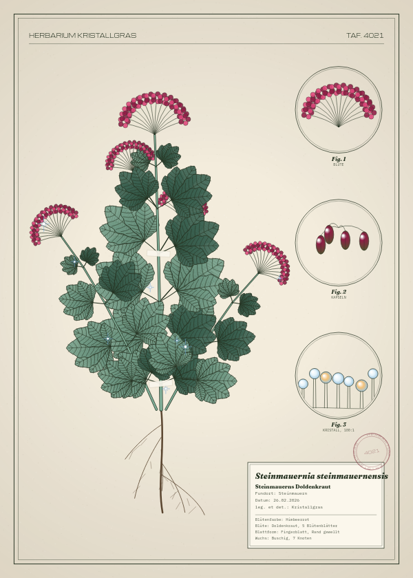 Botanische Tafel: Steinmauernia steinmauernensis, eine erfundene Pflanze aus Steinmauern, gezeichnet wie in einem alten Pflanzenatlas