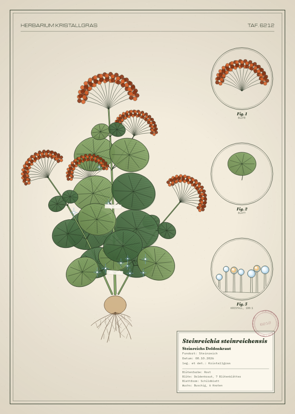 Botanische Tafel: Steinreichia steinreichensis, eine erfundene Pflanze aus Steinreich, gezeichnet wie in einem alten Pflanzenatlas