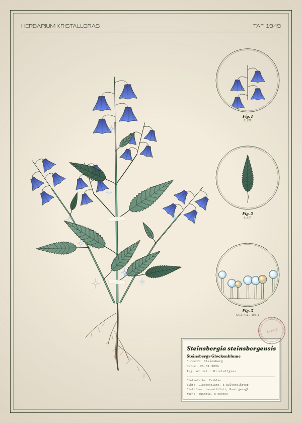 Botanische Tafel: Steinsbergia steinsbergensis, eine erfundene Pflanze aus Steinsberg, gezeichnet wie in einem alten Pflanzenatlas