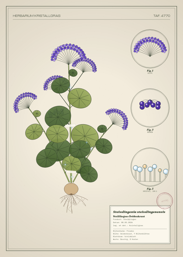 Botanische Tafel: Steisslingenia steisslingenensis, eine erfundene Pflanze aus Steißlingen, gezeichnet wie in einem alten Pflanzenatlas
