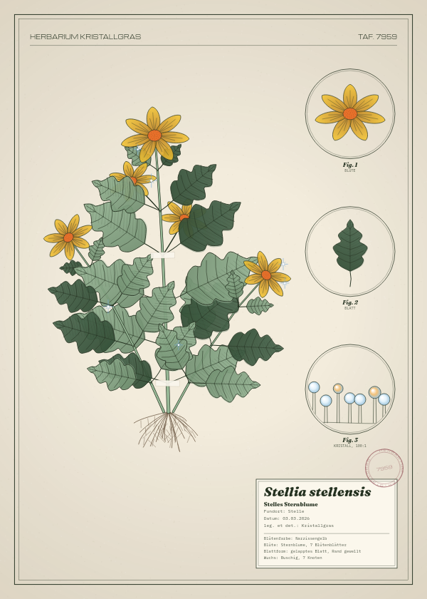 Botanische Tafel: Stellia stellensis, eine erfundene Pflanze aus Stelle, gezeichnet wie in einem alten Pflanzenatlas