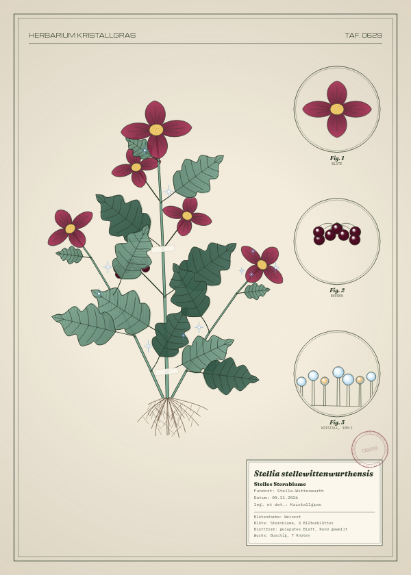 Botanische Tafel: Stellia stellewittenwurthensis, eine erfundene Pflanze aus Stelle-Wittenwurth, gezeichnet wie in einem alten Pflanzenatlas