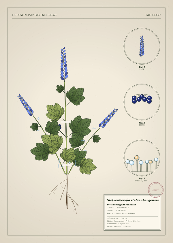 Botanische Tafel: Stelzenbergia stelzenbergensis, eine erfundene Pflanze aus Stelzenberg, gezeichnet wie in einem alten Pflanzenatlas