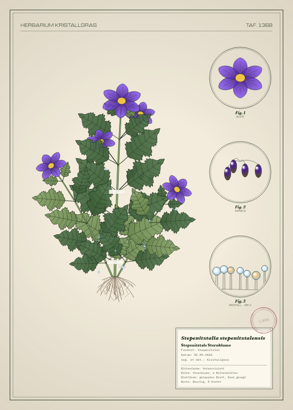 Botanische Tafel: Stepenitztalia stepenitztalensis, eine erfundene Pflanze aus Stepenitztal, gezeichnet wie in einem alten Pflanzenatlas