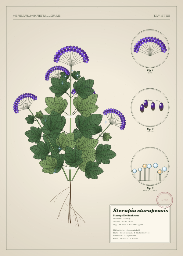 Botanische Tafel: Sterupia sterupensis, eine erfundene Pflanze aus Sterup, gezeichnet wie in einem alten Pflanzenatlas