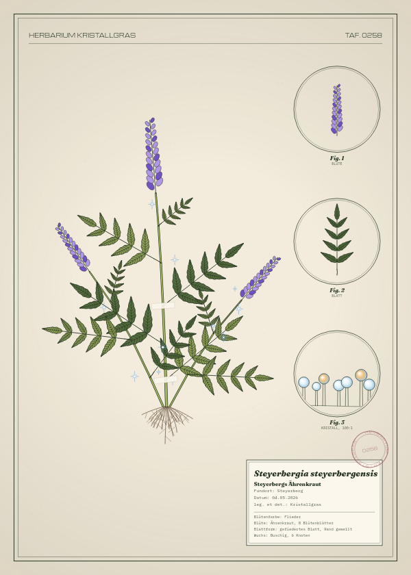 Botanische Tafel: Steyerbergia steyerbergensis, eine erfundene Pflanze aus Steyerberg, gezeichnet wie in einem alten Pflanzenatlas