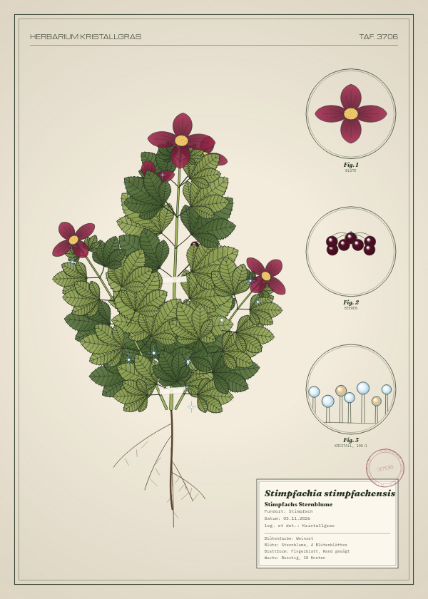 Botanische Tafel: Stimpfachia stimpfachensis, eine erfundene Pflanze aus Stimpfach, gezeichnet wie in einem alten Pflanzenatlas