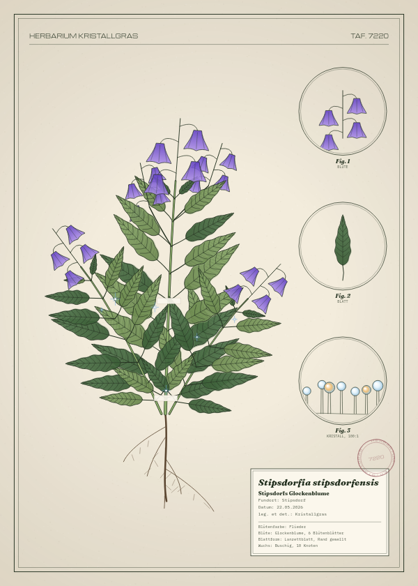 Botanische Tafel: Stipsdorfia stipsdorfensis, eine erfundene Pflanze aus Stipsdorf, gezeichnet wie in einem alten Pflanzenatlas