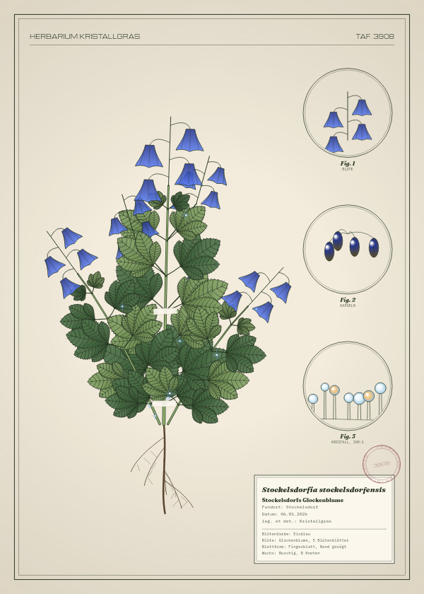 Botanische Tafel: Stockelsdorfia stockelsdorfensis, eine erfundene Pflanze aus Stockelsdorf, gezeichnet wie in einem alten Pflanzenatlas