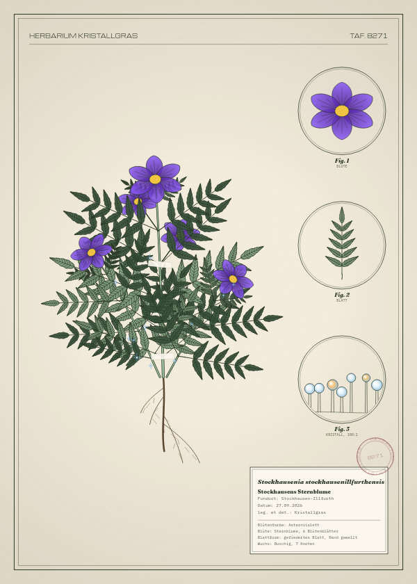 Botanische Tafel: Stockhausenia stockhausenillfurthensis, eine erfundene Pflanze aus Stockhausen-Illfurth, gezeichnet wie in einem alten Pflanzenatlas