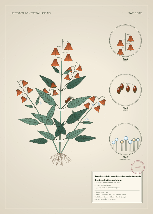 Botanische Tafel: Stockstadtia stockstadtamrheinensis, eine erfundene Pflanze aus Stockstadt am Rhein, gezeichnet wie in einem alten Pflanzenatlas