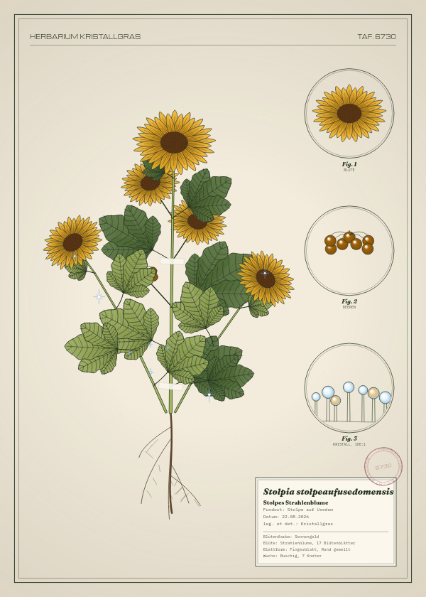 Botanische Tafel: Stolpia stolpeaufusedomensis, eine erfundene Pflanze aus Stolpe auf Usedom, gezeichnet wie in einem alten Pflanzenatlas