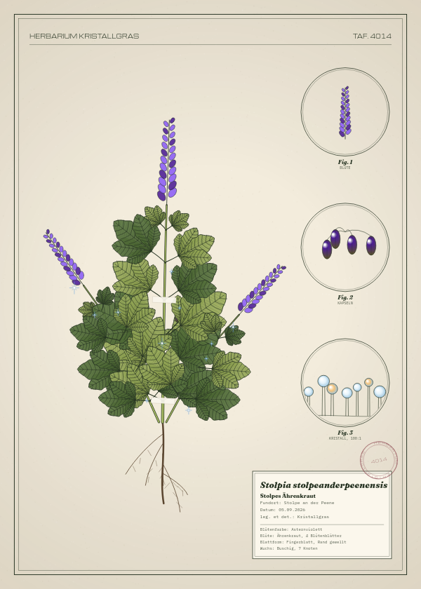 Botanische Tafel: Stolpia stolpeanderpeenensis, eine erfundene Pflanze aus Stolpe an der Peene, gezeichnet wie in einem alten Pflanzenatlas