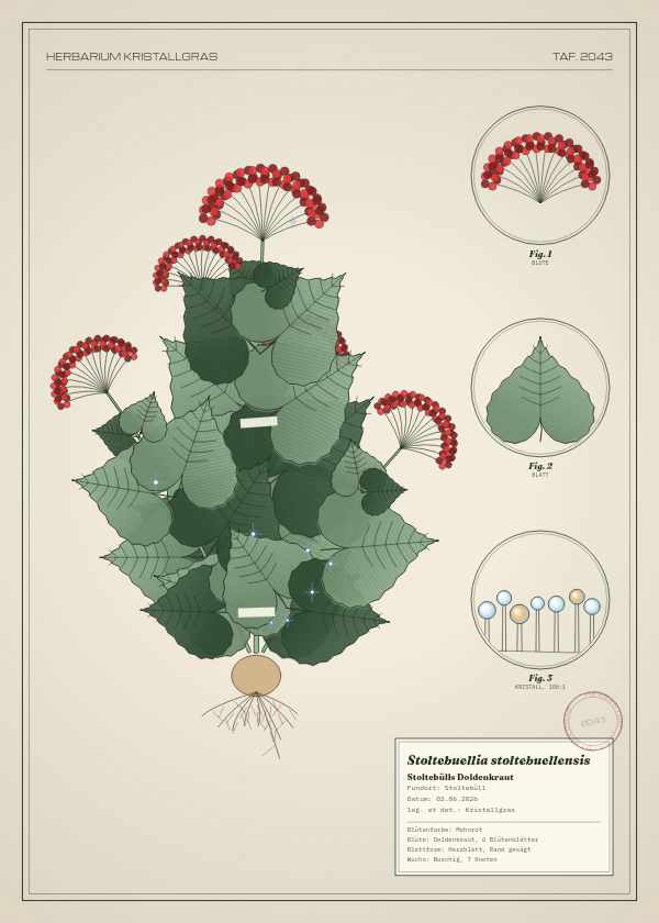 Botanische Tafel: Stoltebuellia stoltebuellensis, eine erfundene Pflanze aus Stoltebüll, gezeichnet wie in einem alten Pflanzenatlas