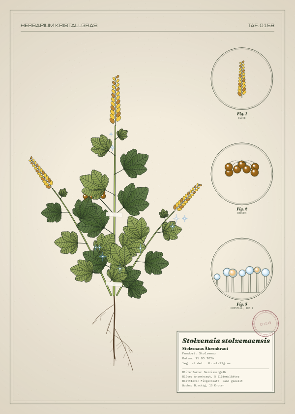 Botanische Tafel: Stolzenaia stolzenaensis, eine erfundene Pflanze aus Stolzenau, gezeichnet wie in einem alten Pflanzenatlas
