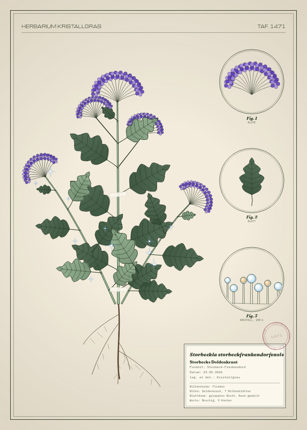 Botanische Tafel: Storbeckia storbeckfrankendorfensis, eine erfundene Pflanze aus Storbeck-Frankendorf, gezeichnet wie in einem alten Pflanzenatlas