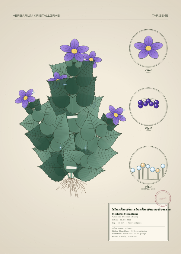 Botanische Tafel: Storkowia storkowmarkensis, eine erfundene Pflanze aus Storkow (Mark), gezeichnet wie in einem alten Pflanzenatlas