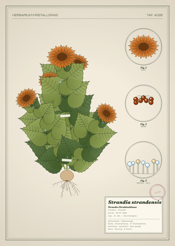 Botanische Tafel: Strandia strandensis, eine erfundene Pflanze aus Strande, gezeichnet wie in einem alten Pflanzenatlas
