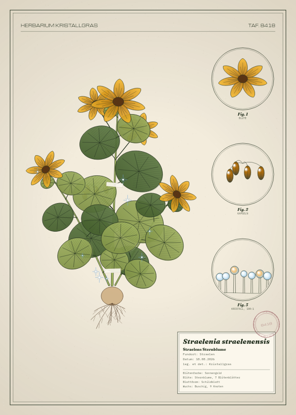Botanische Tafel: Straelenia straelenensis, eine erfundene Pflanze aus Straelen, gezeichnet wie in einem alten Pflanzenatlas